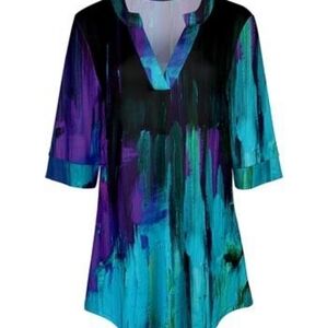 TRÏBE Teal Blue & Purple abstract print 3/4 sleeve Tunic Top Size Small NWT